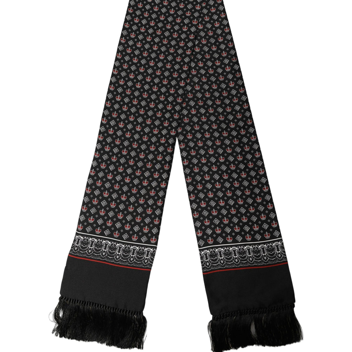 Dolce & Gabbana Black Silk Crown Fringed Neck Shawl Scarf