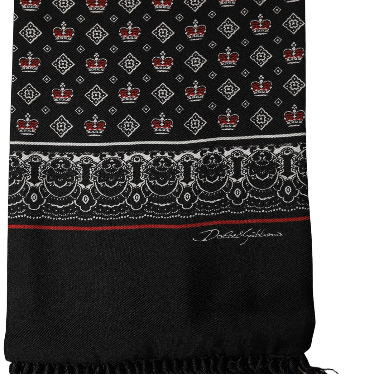Dolce & Gabbana Black Silk Crown Fringed Neck Shawl Scarf