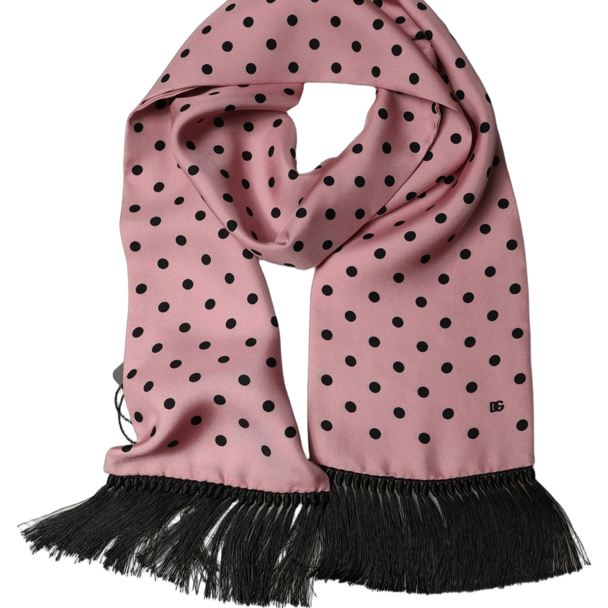 Dolce & Gabbana Pink Polka Dot Silk Fringed Lace Stole Scarf