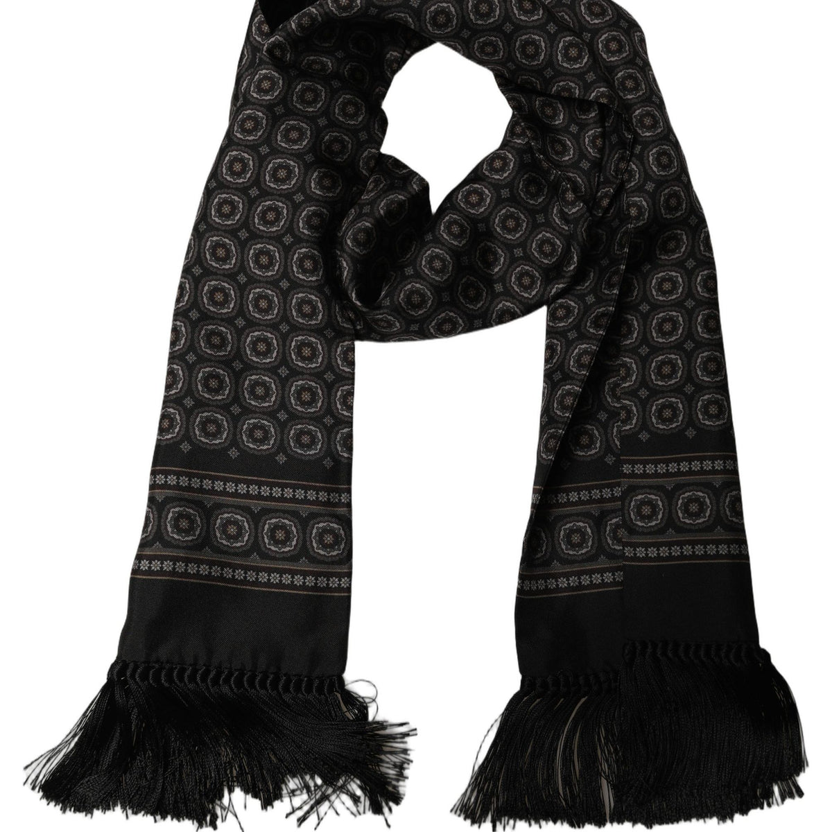 Dolce & Gabbana Black Silk Geometric Fringed Neck Shawl Scarf