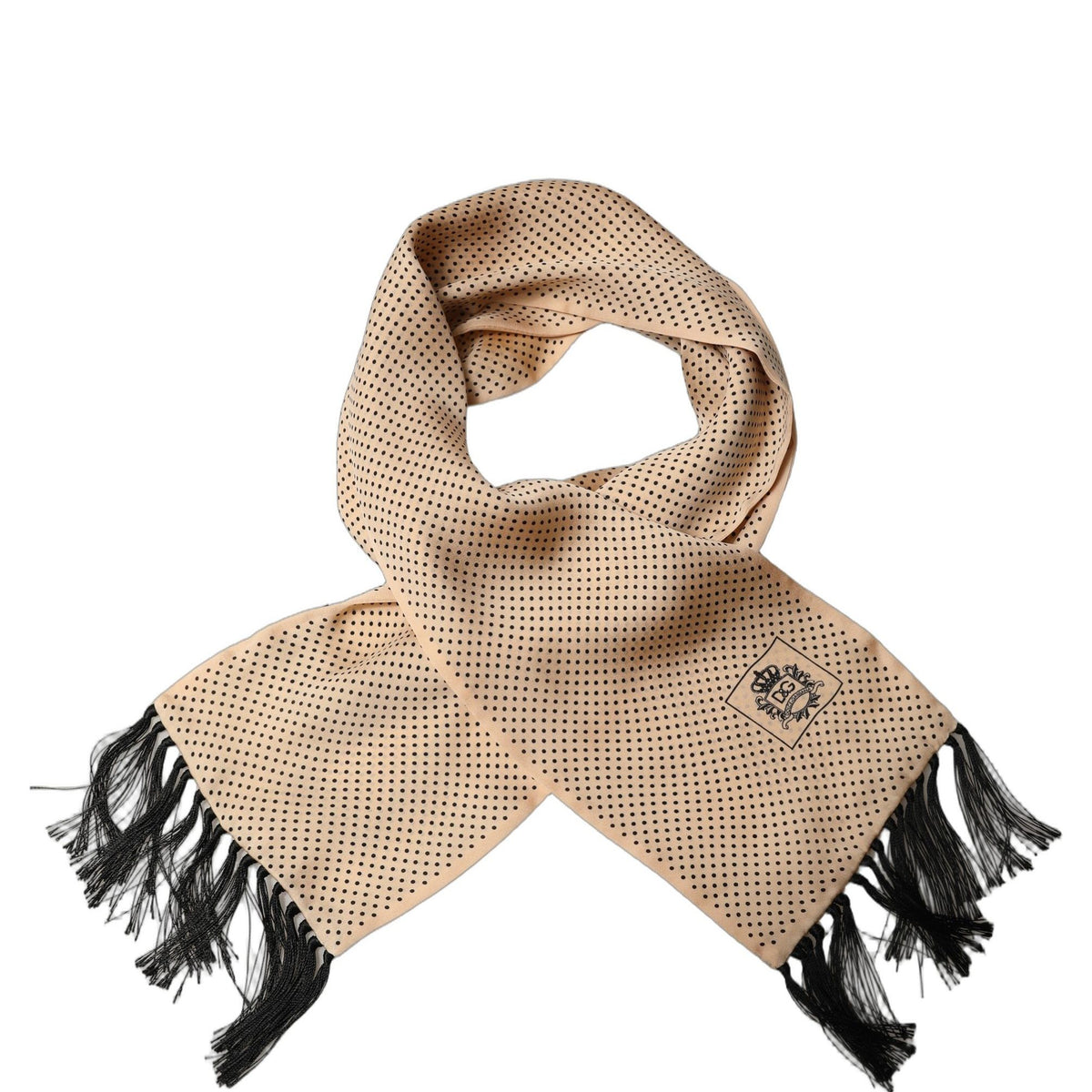 Dolce & Gabbana Beige Silk Dotted Fringed Neck Shawl Scarf