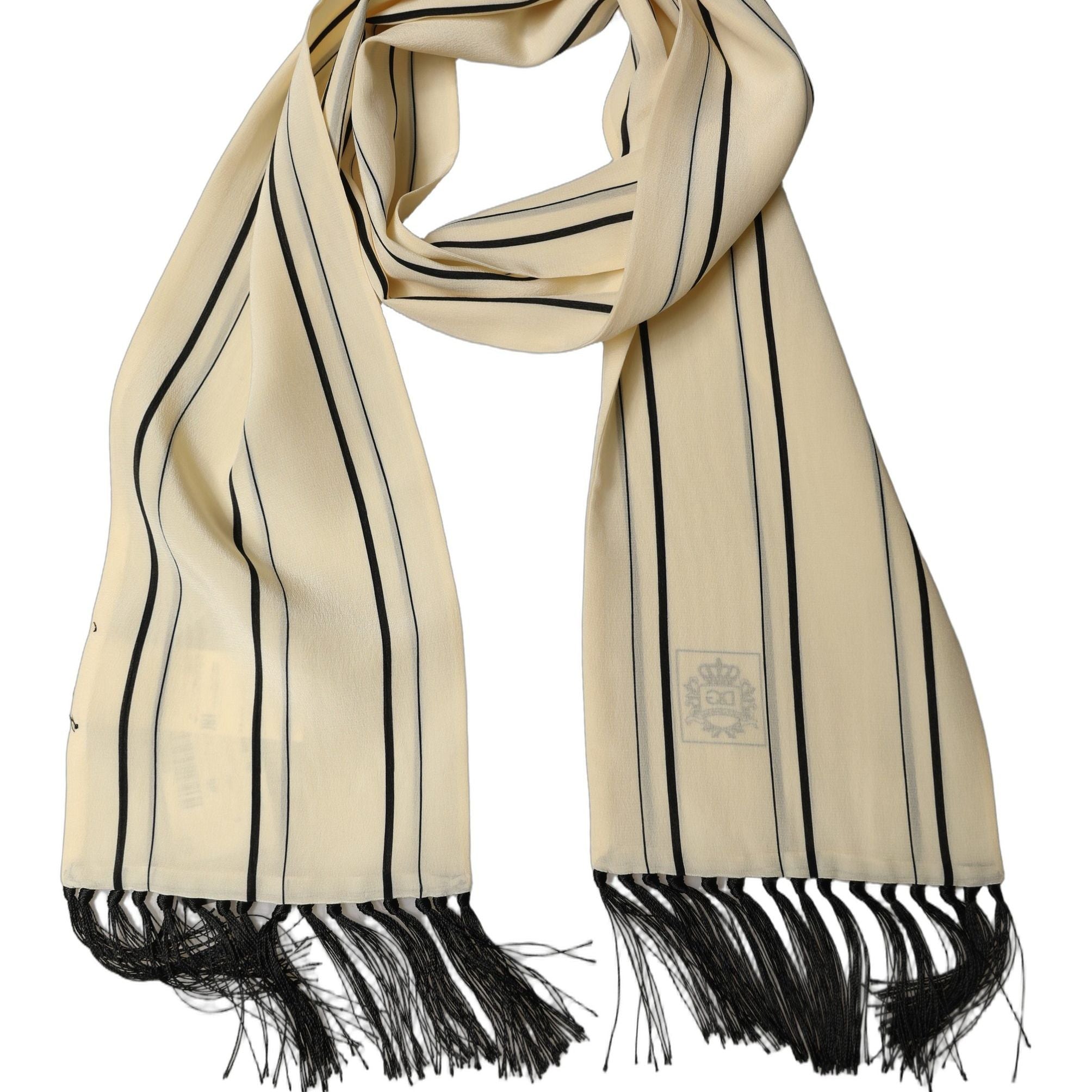 Dolce & Gabbana Beige Silk Striped Fringed Neck Shawl Scarf