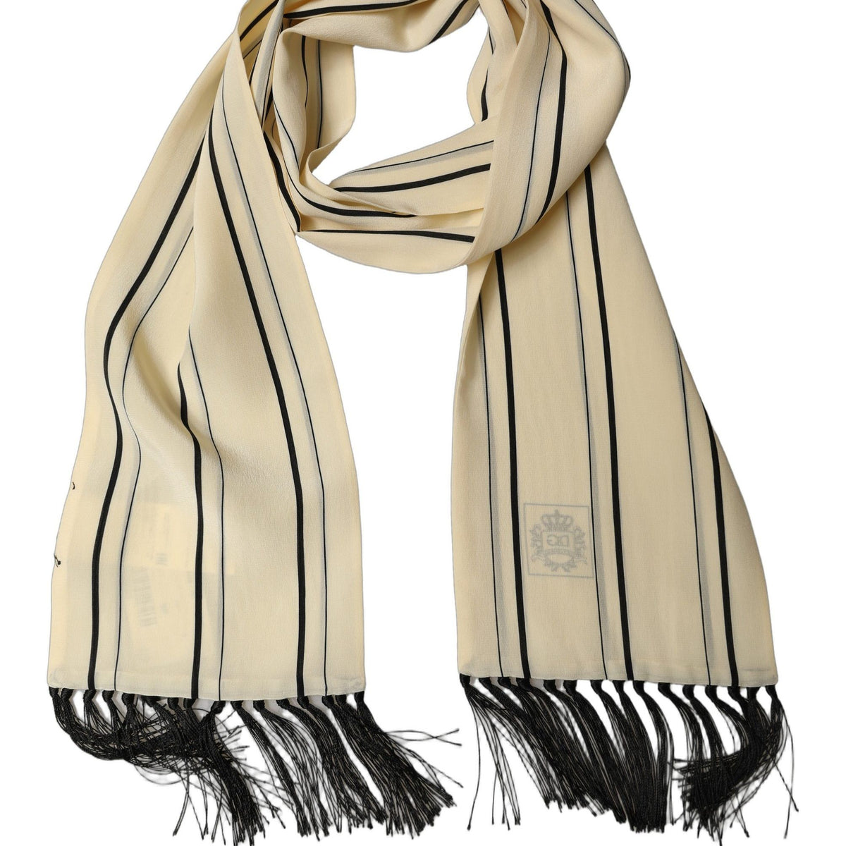 Dolce & Gabbana Beige Silk Striped Fringed Neck Shawl Scarf