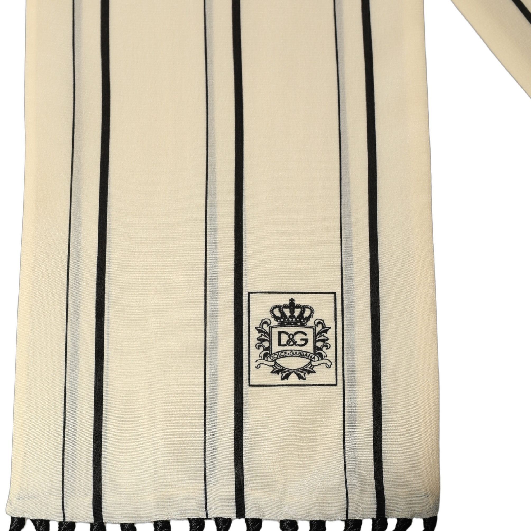 Dolce & Gabbana Beige Silk Striped Fringed Neck Shawl Scarf