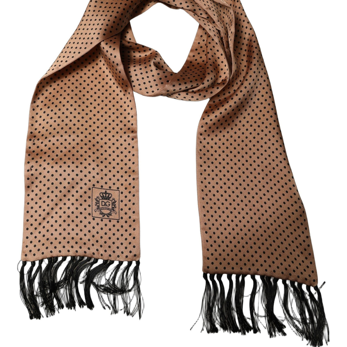 Dolce & Gabbana Brown Silk Dotted Fringed Neck Shawl Scarf