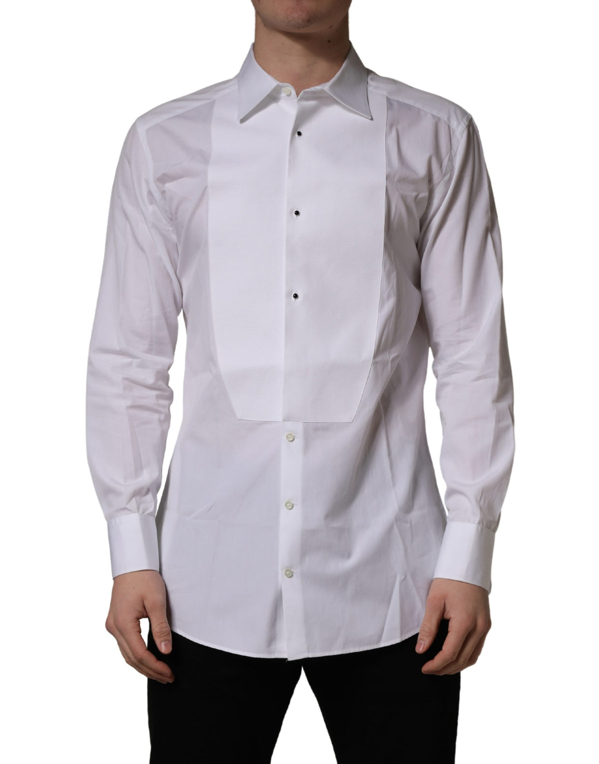 Dolce & Gabbana White Cotton Collared Bib GOLD Dress Shirt