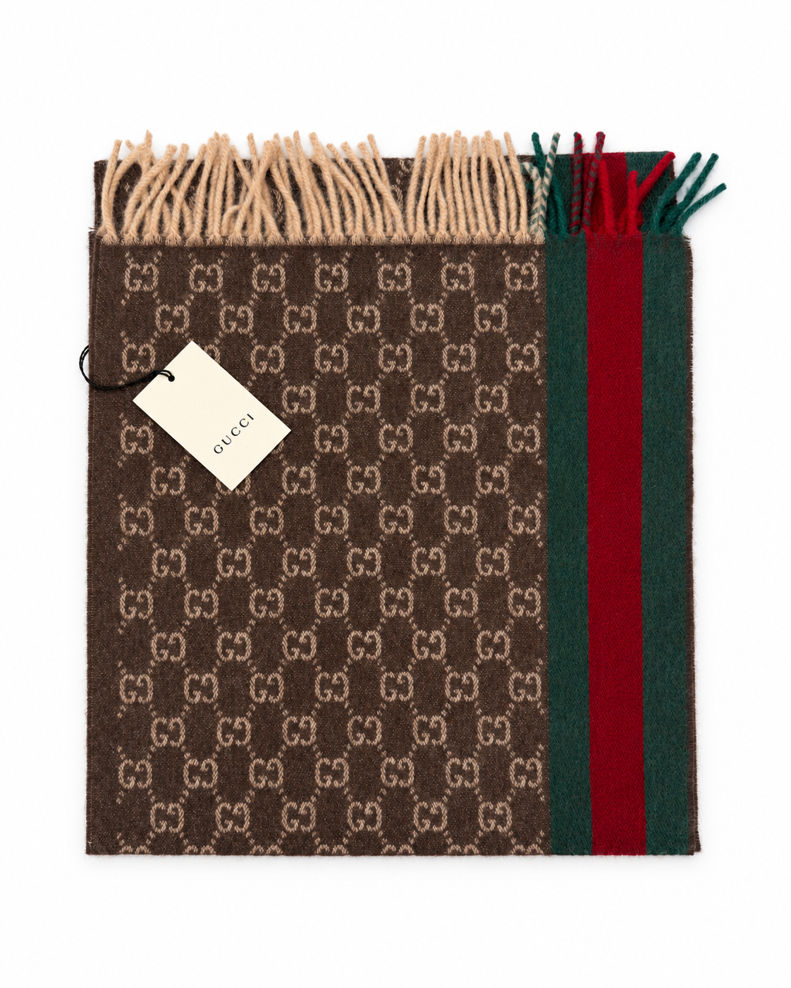 Gucci Monogram Brown Cashmere & Wool Scarf with Green & Red Web Stripe