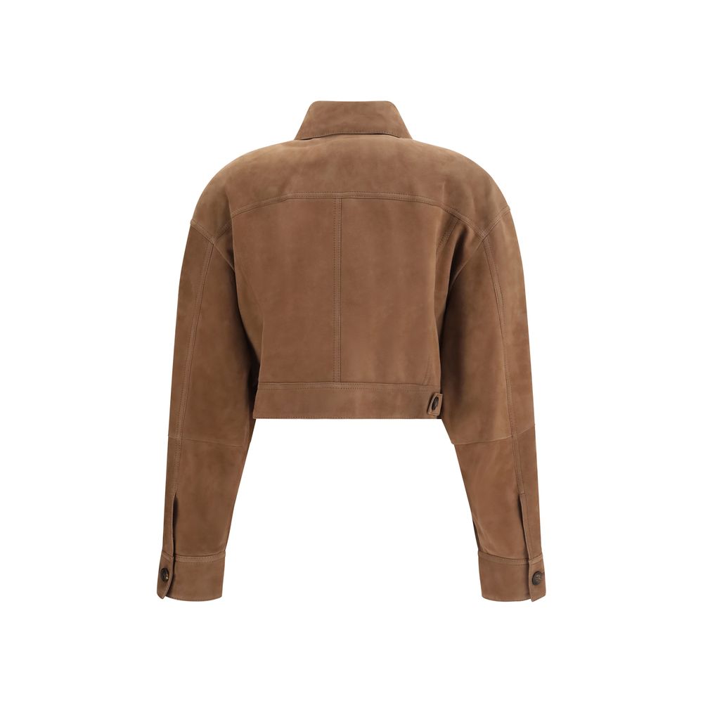 Brunello Cucinelli Brown Calf Leather Bos Taurus Denim Jacket