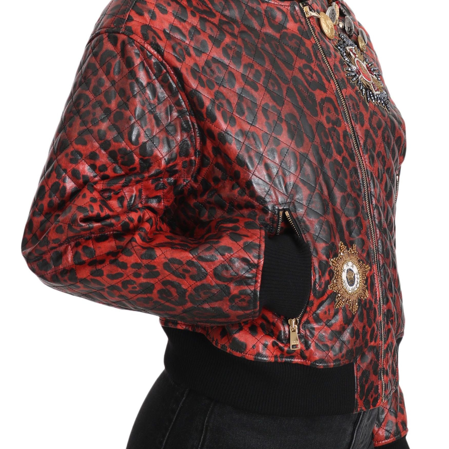 Dolce & Gabbana Red Leopard Button Crystal Leather Jacket