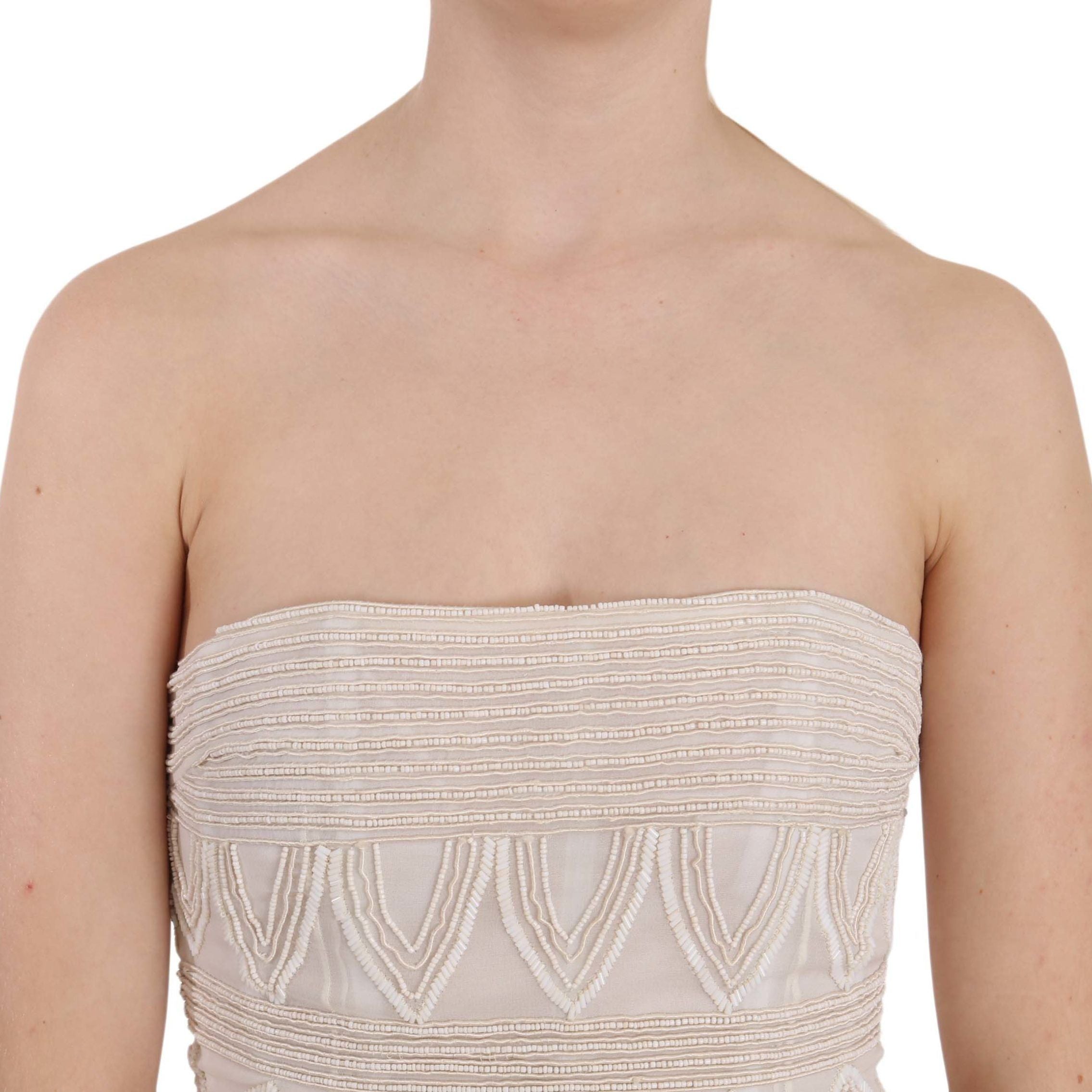 John Richmond Beige Beaded Silk Short Mini Gown Dress