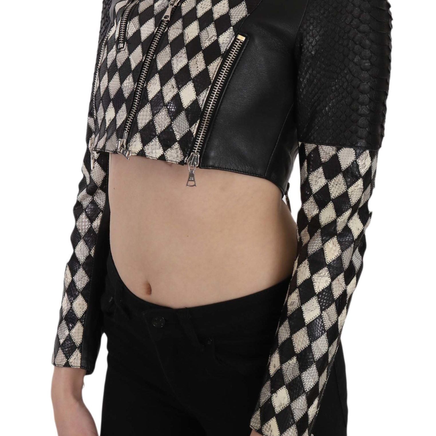 John Richmond Black White Leather Short Cropped Biker Jacket Coat