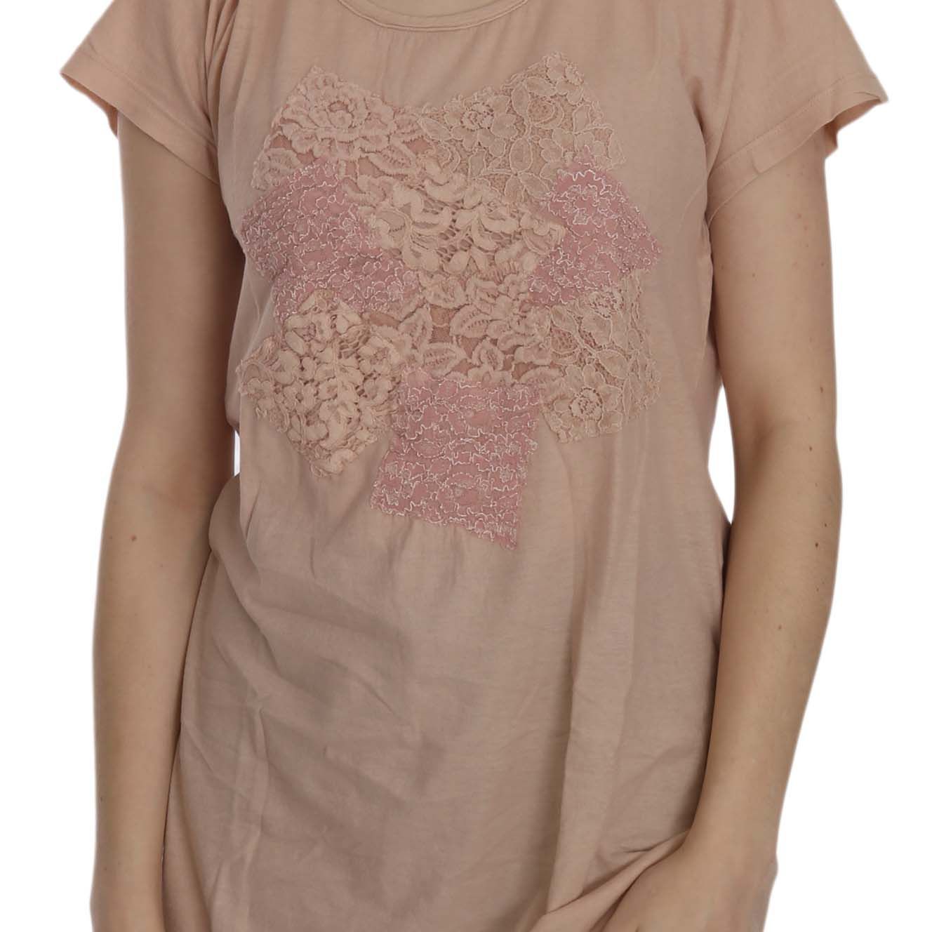 PINK MEMORIES Pink Cream Lace Short Sleeve Shirt Top Cotton Blouse