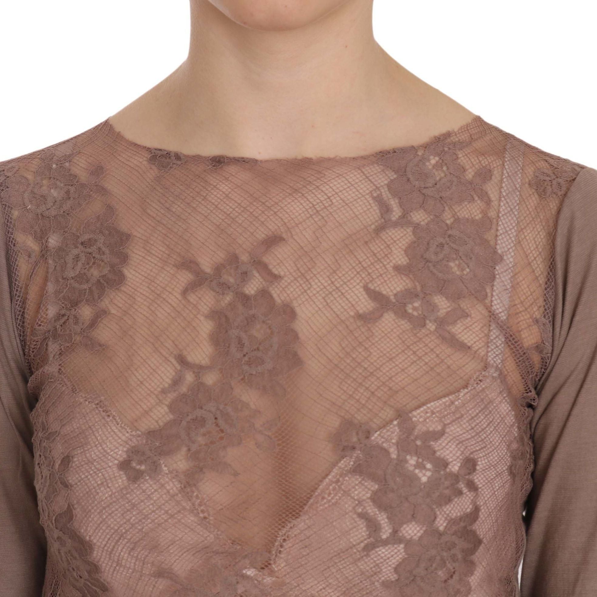 PINK MEMORIES Brown Lace See Through Long Sleeve Top