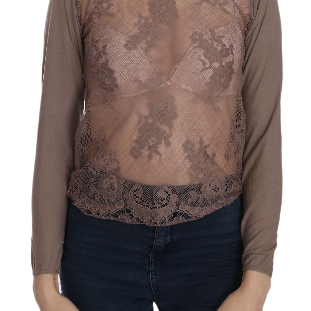 PINK MEMORIES Brown Lace See Through Long Sleeve Top