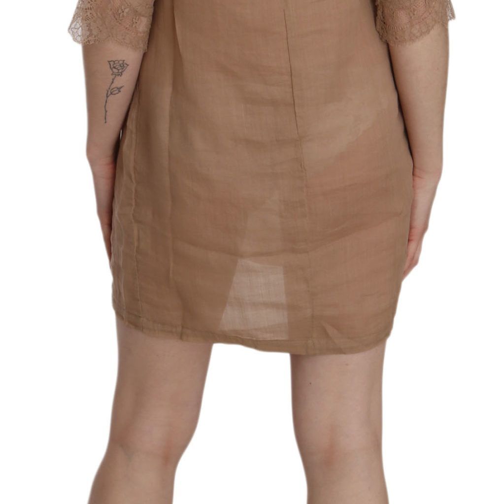 PINK MEMORIES Brown 3/4 Sleeve Crewneck Shift Mini Dress