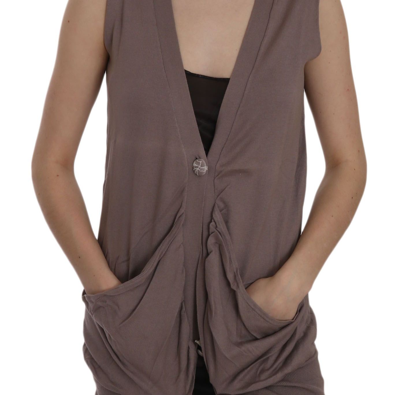PINK MEMORIES Brown 100% Cotton Sleeveless Cardigan Top Vest