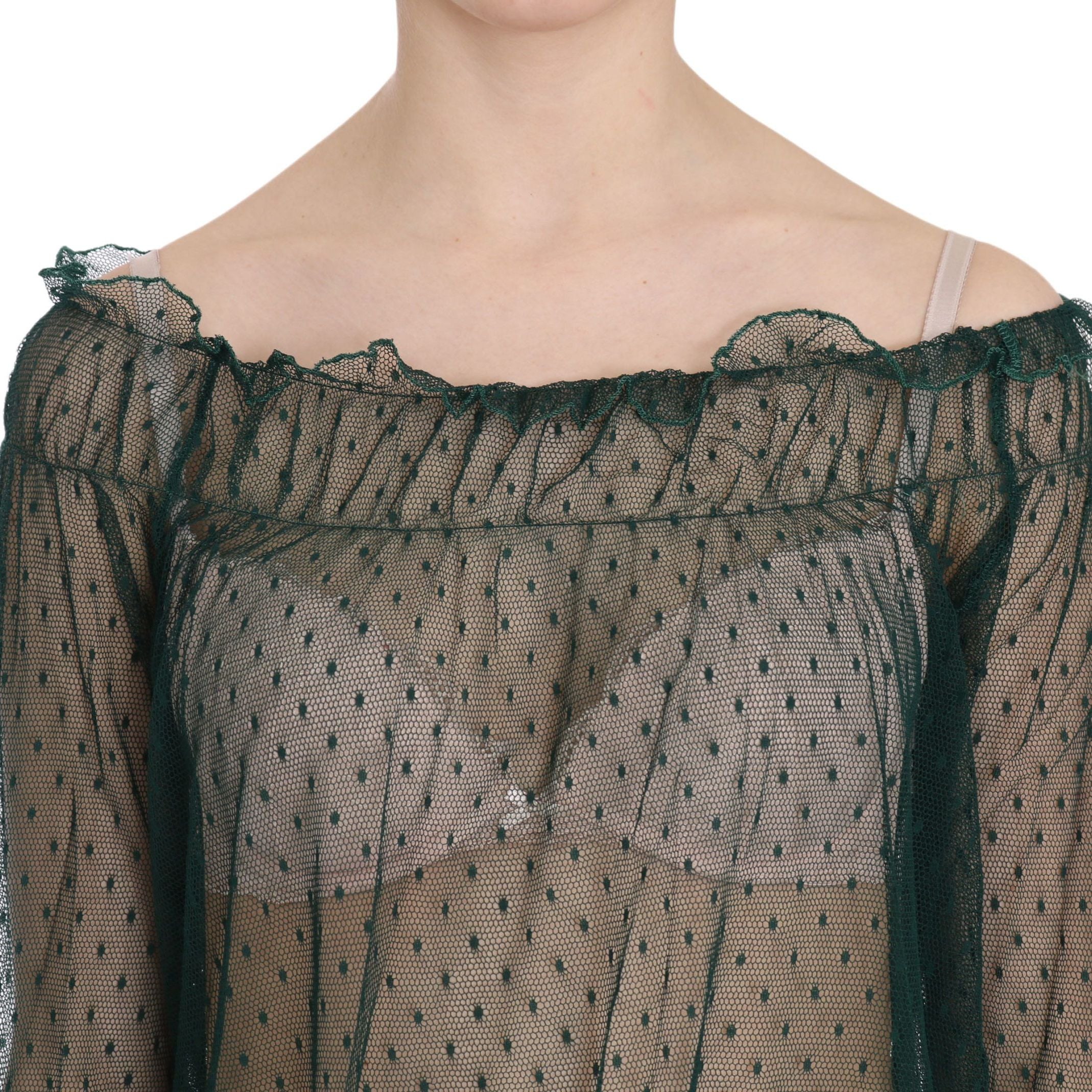 PINK MEMORIES Green Mesh See Through Long Sleeve Top Blouse