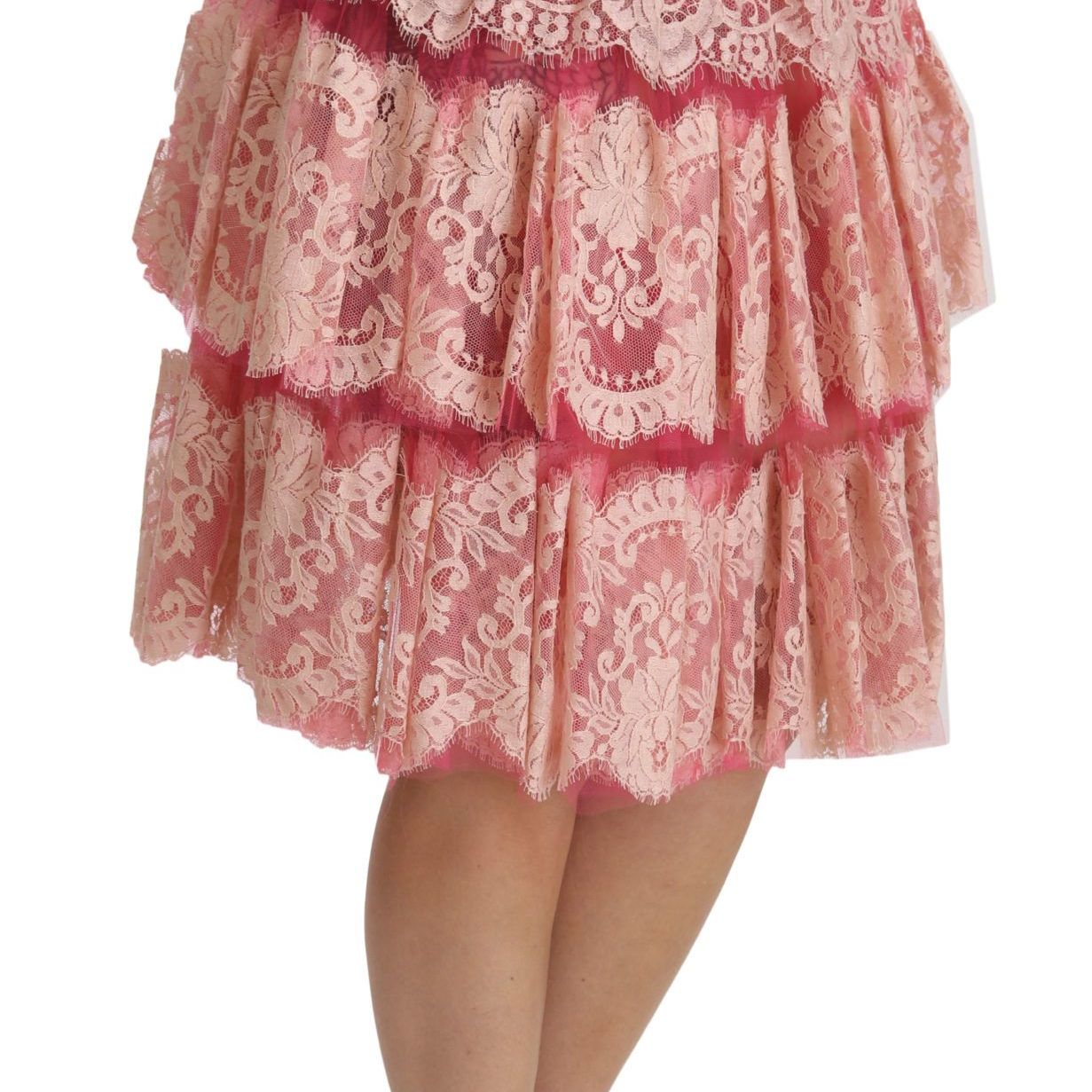 Dolce & Gabbana Pink Lace Layered High Waist Knee Length Skirt