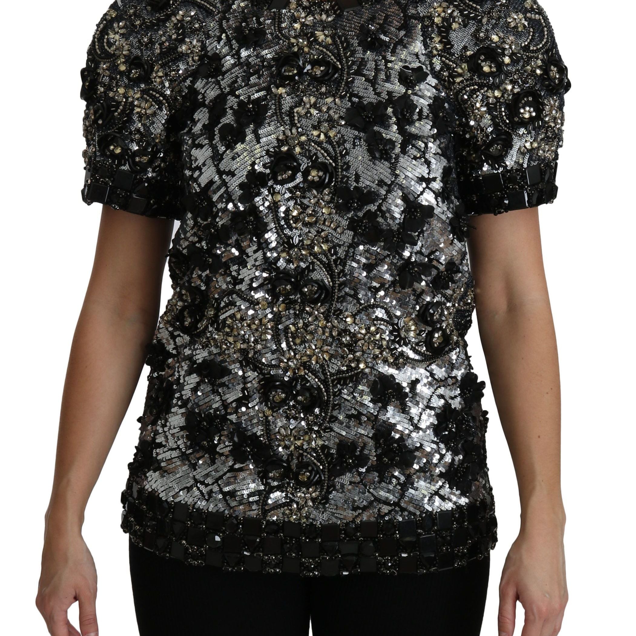 Dolce & Gabbana Black Sequined Crystal Embellished Top Blouse