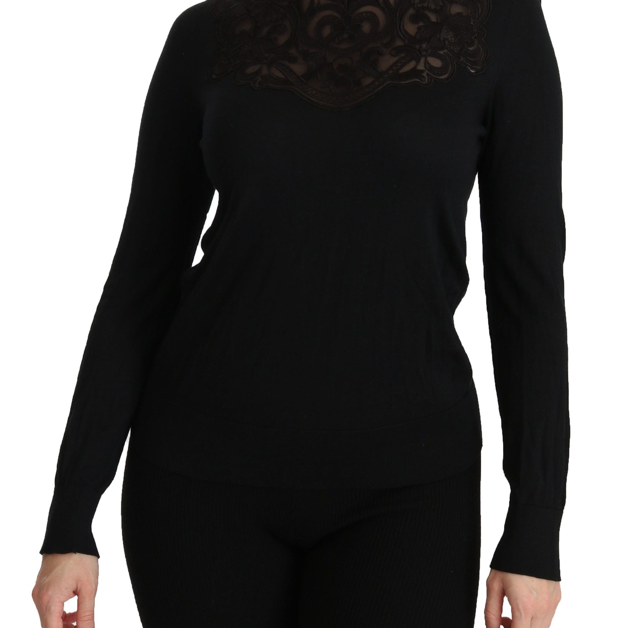 Dolce & Gabbana Black Silk Lace Crew Neck Long Sleeve Blouse