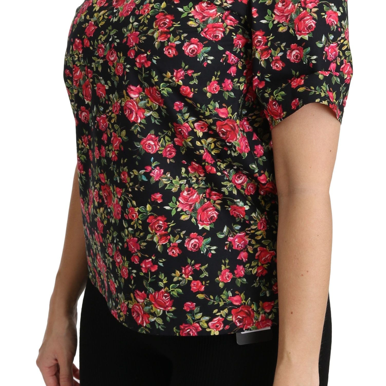 Dolce & Gabbana Black Floral Roses Short Sleeve Top Blouse