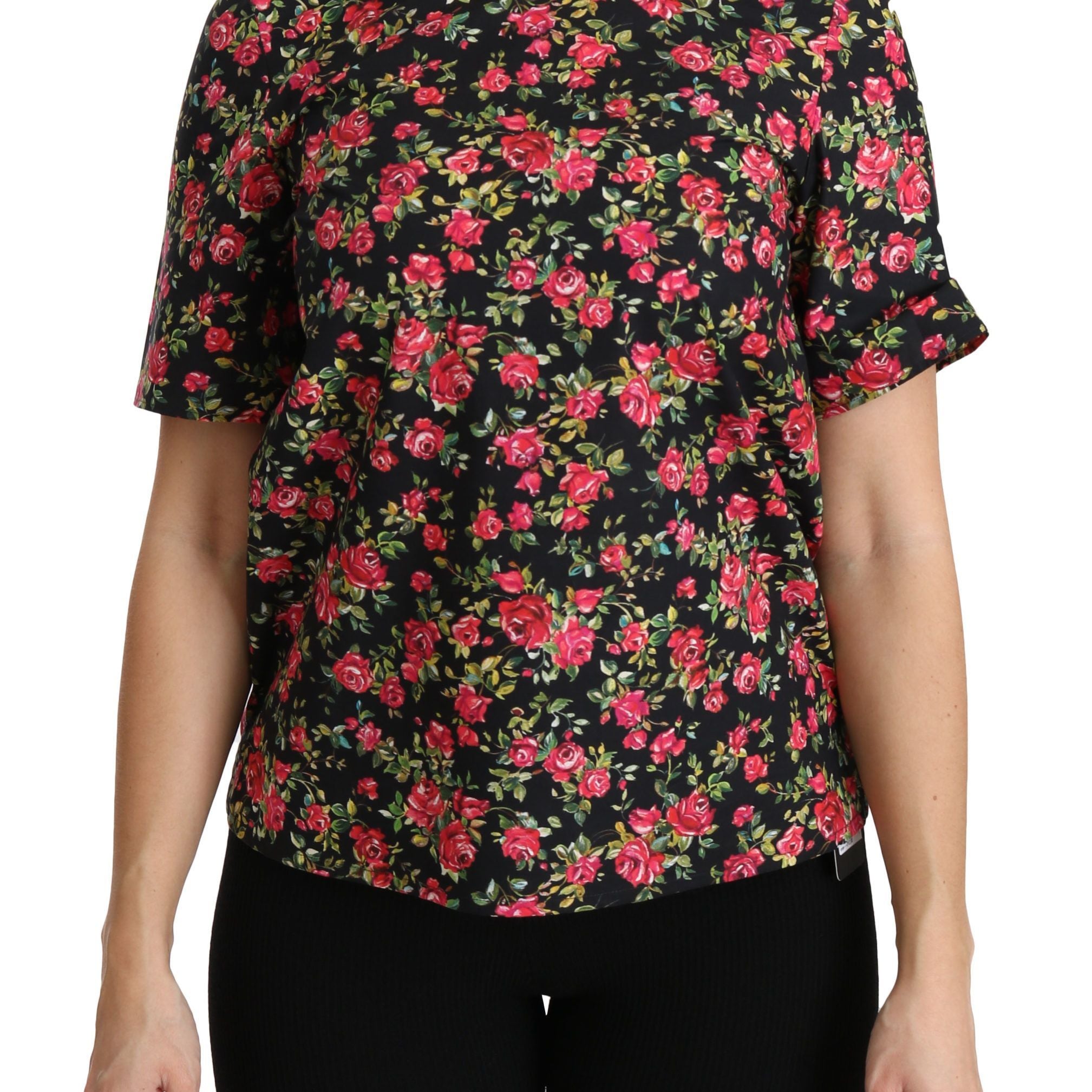 Dolce & Gabbana Black Floral Roses Short Sleeve Top Blouse
