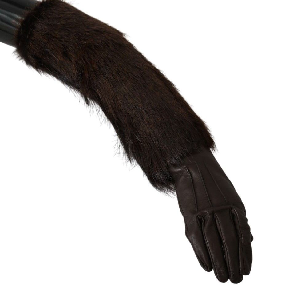 Dolce & Gabbana Brown Elbow Length Mittens Leather Fur Gloves