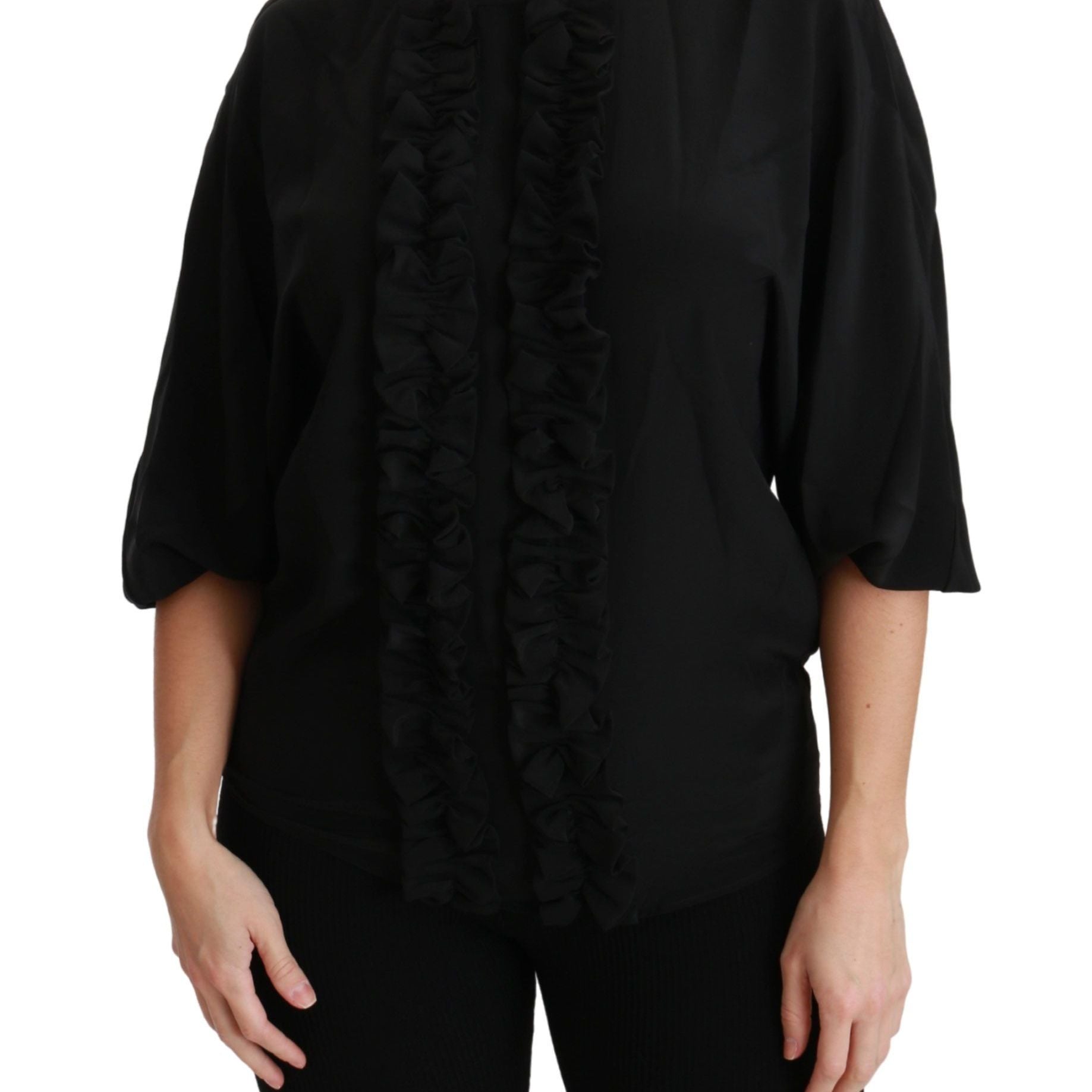 Dolce & Gabbana Black Silk Shirt Ruffled Top Blouse
