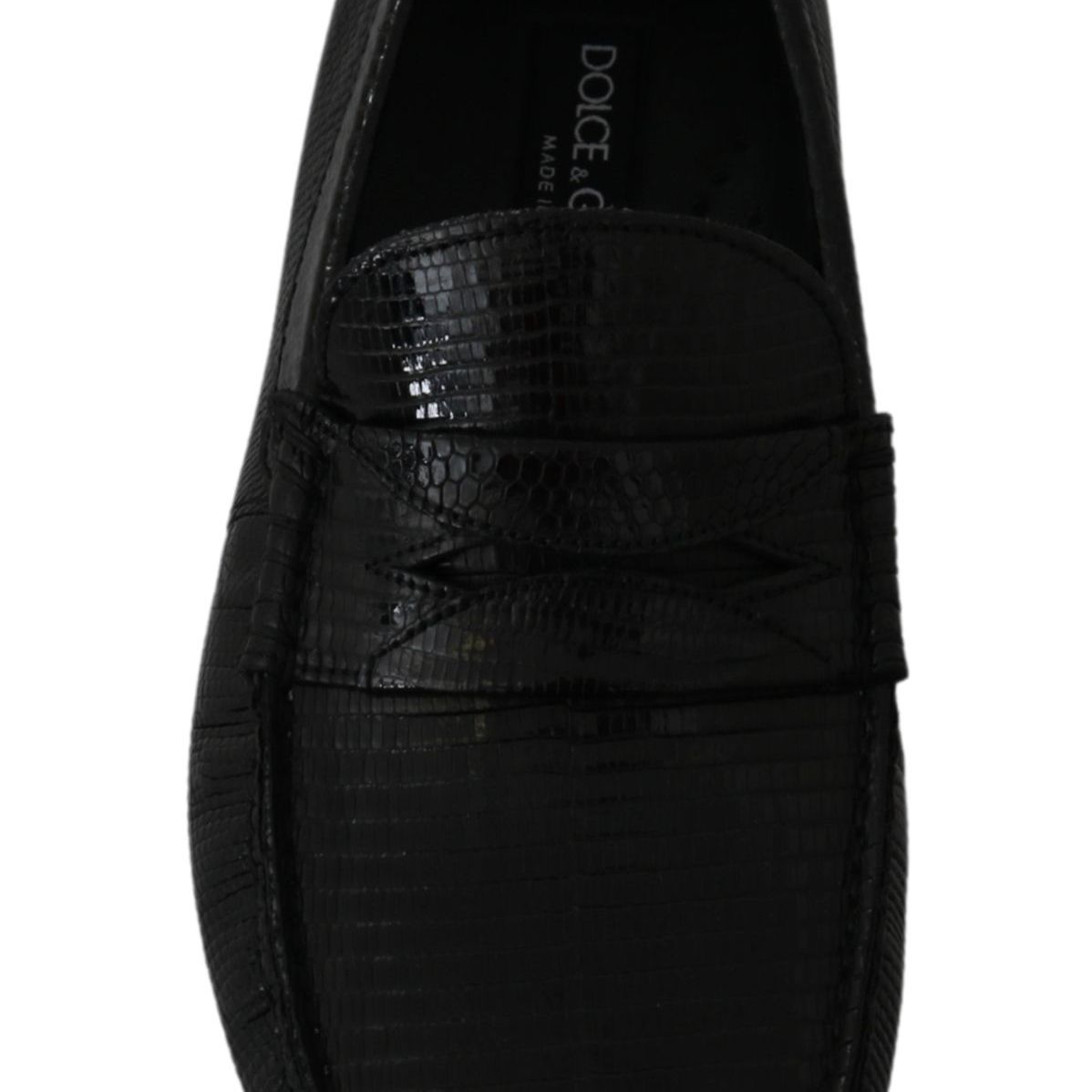 Dolce & Gabbana Black Lizard Leather Flat Loafers Shoes
