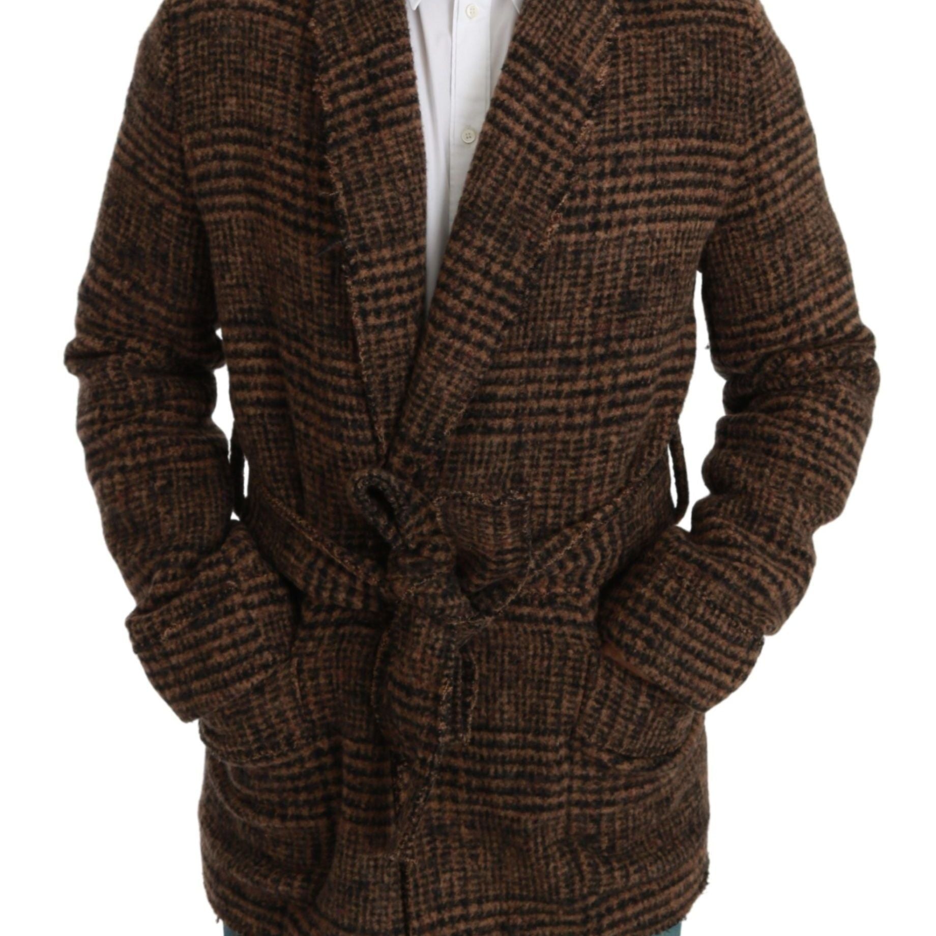 Dolce & Gabbana Brown Checkered Wool Robe Coat Wrap Jacket