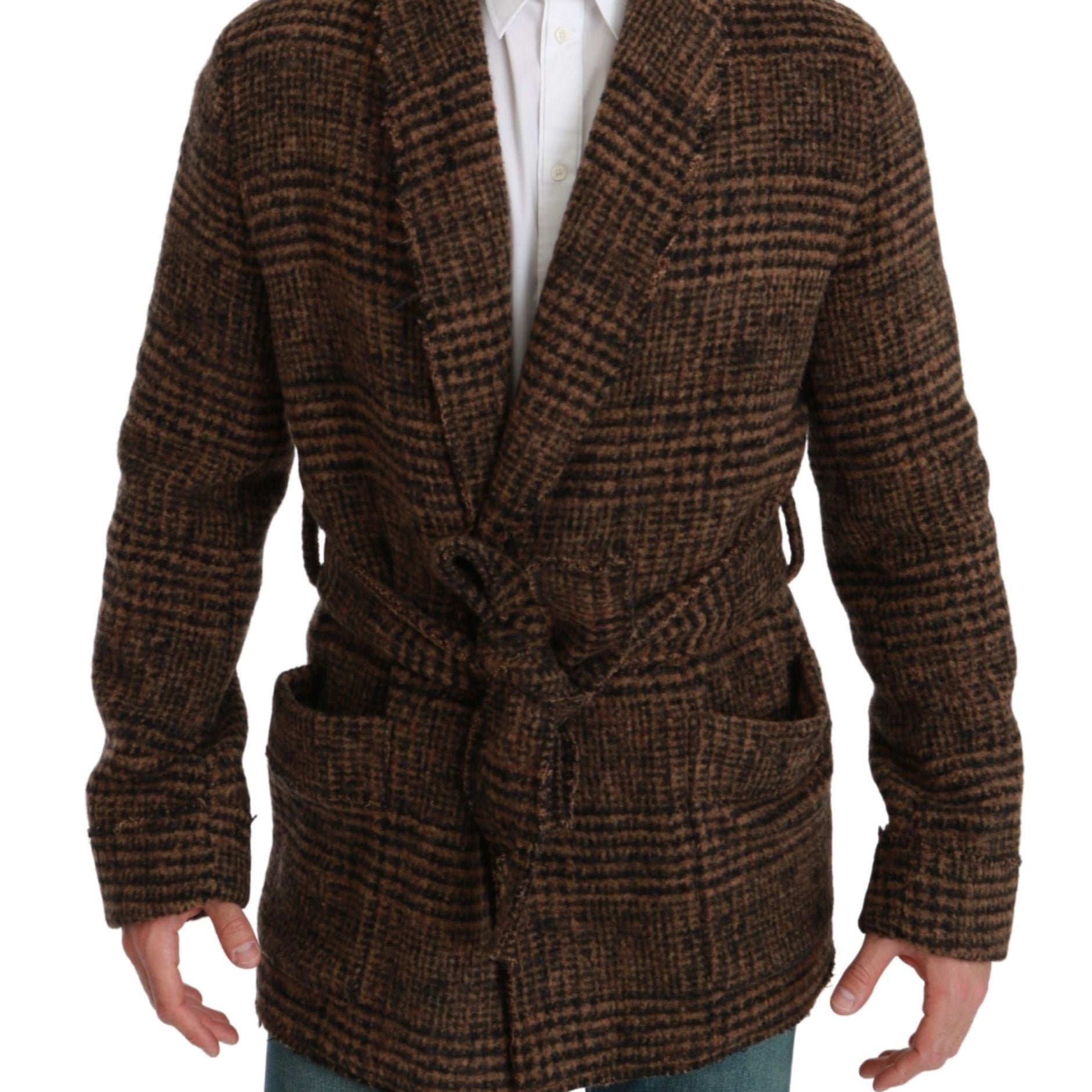Dolce & Gabbana Brown Checkered Wool Robe Coat Wrap Jacket