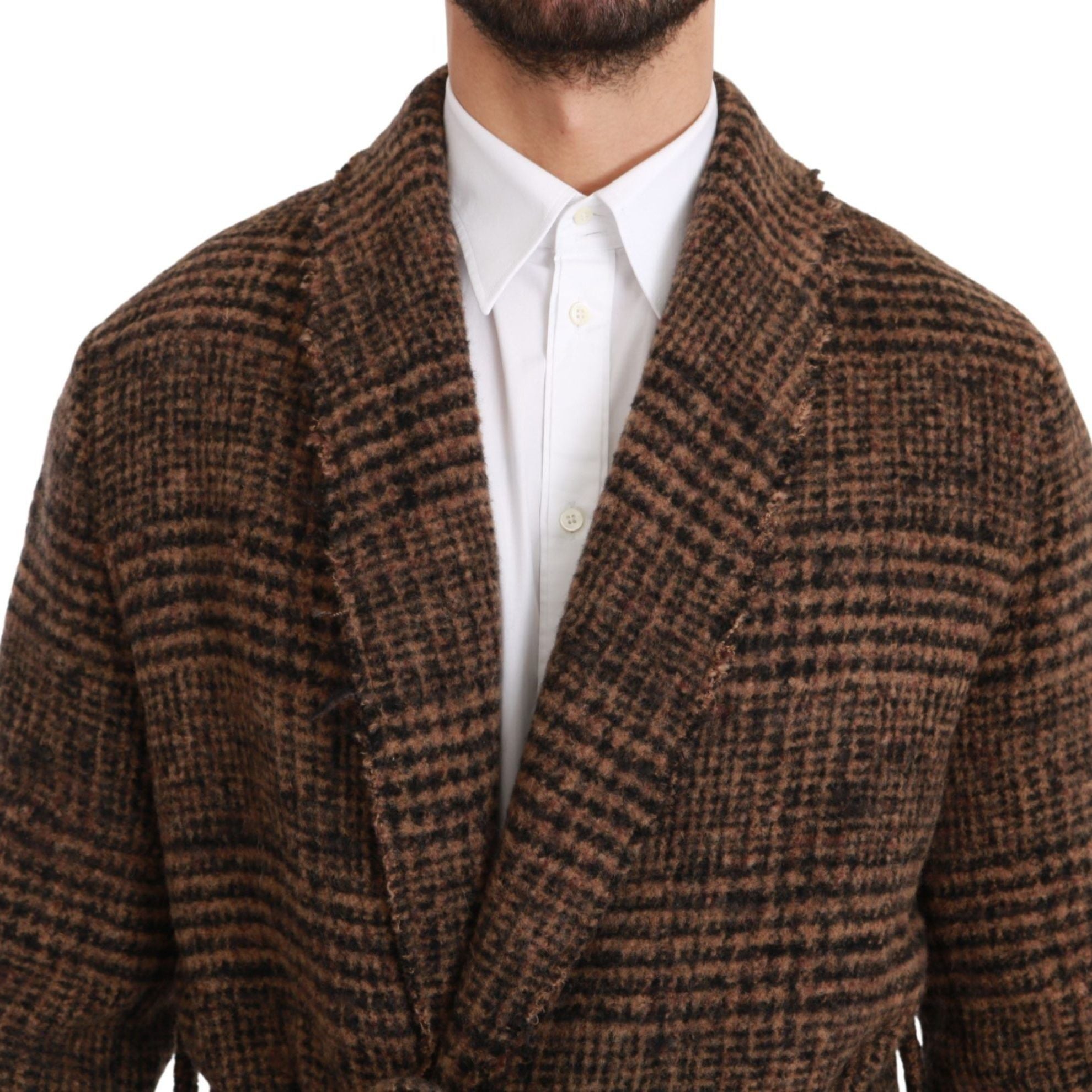 Dolce & Gabbana Brown Checkered Wool Robe Coat Wrap Jacket