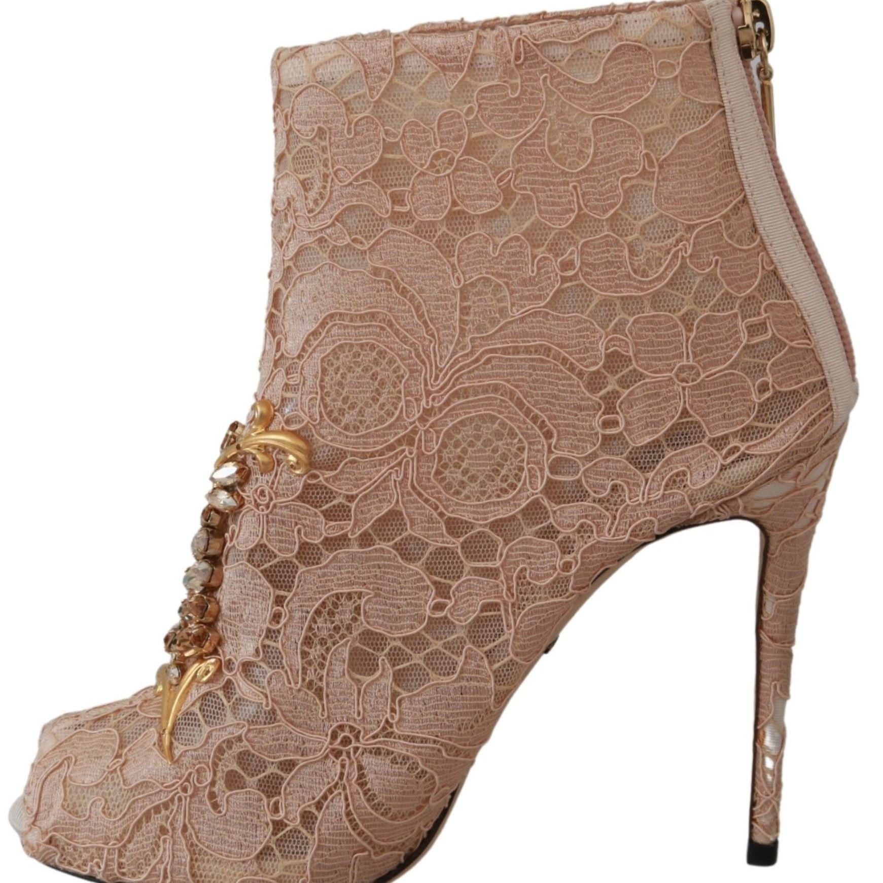 Dolce & Gabbana Pink Crystal Lace Booties Stilettos Shoes