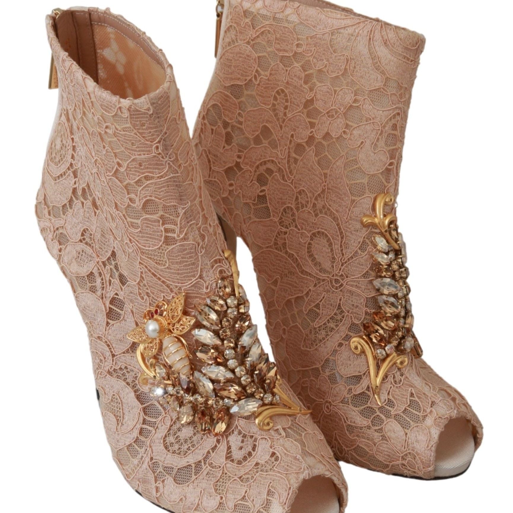 Dolce & Gabbana Pink Crystal Lace Booties Stilettos Shoes