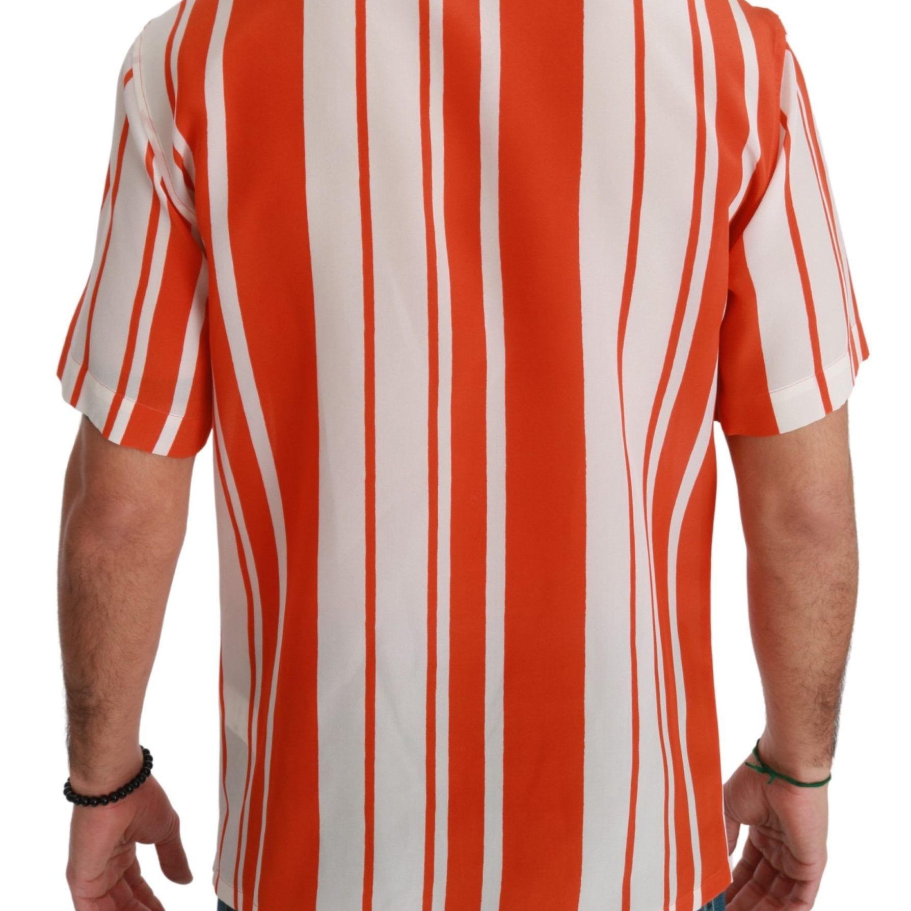 Dolce & Gabbana Orange Silk Striped Short Sleeve White Shirt
