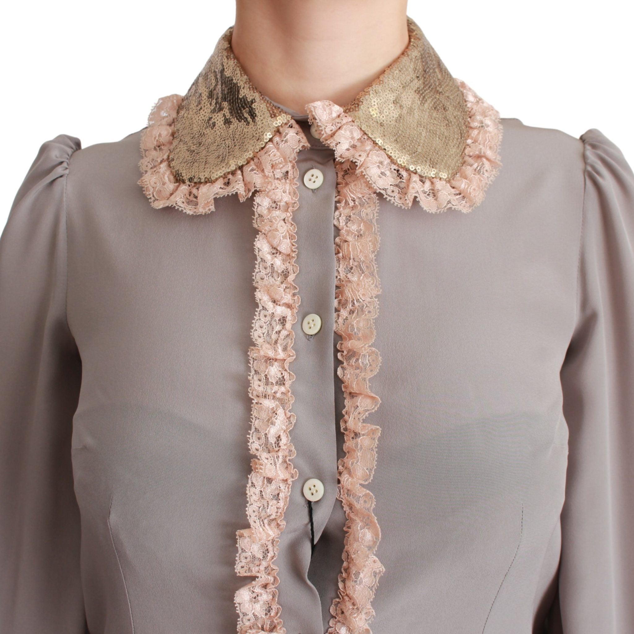 Dolce & Gabbana Gray Silk Gold Sequin Lace Blouse Shirt