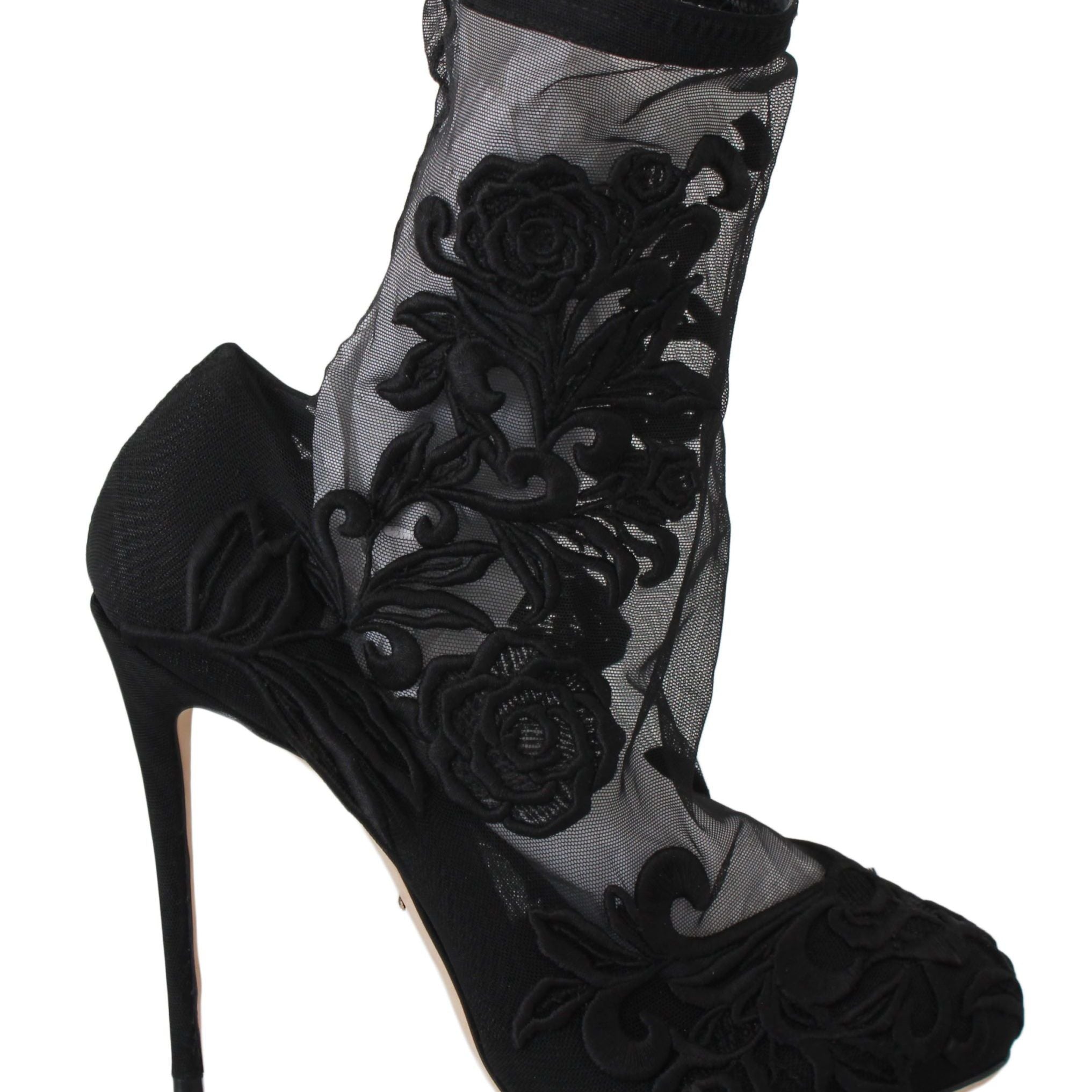 Dolce & Gabbana Black Roses Stilettos Booties Socks Shoes