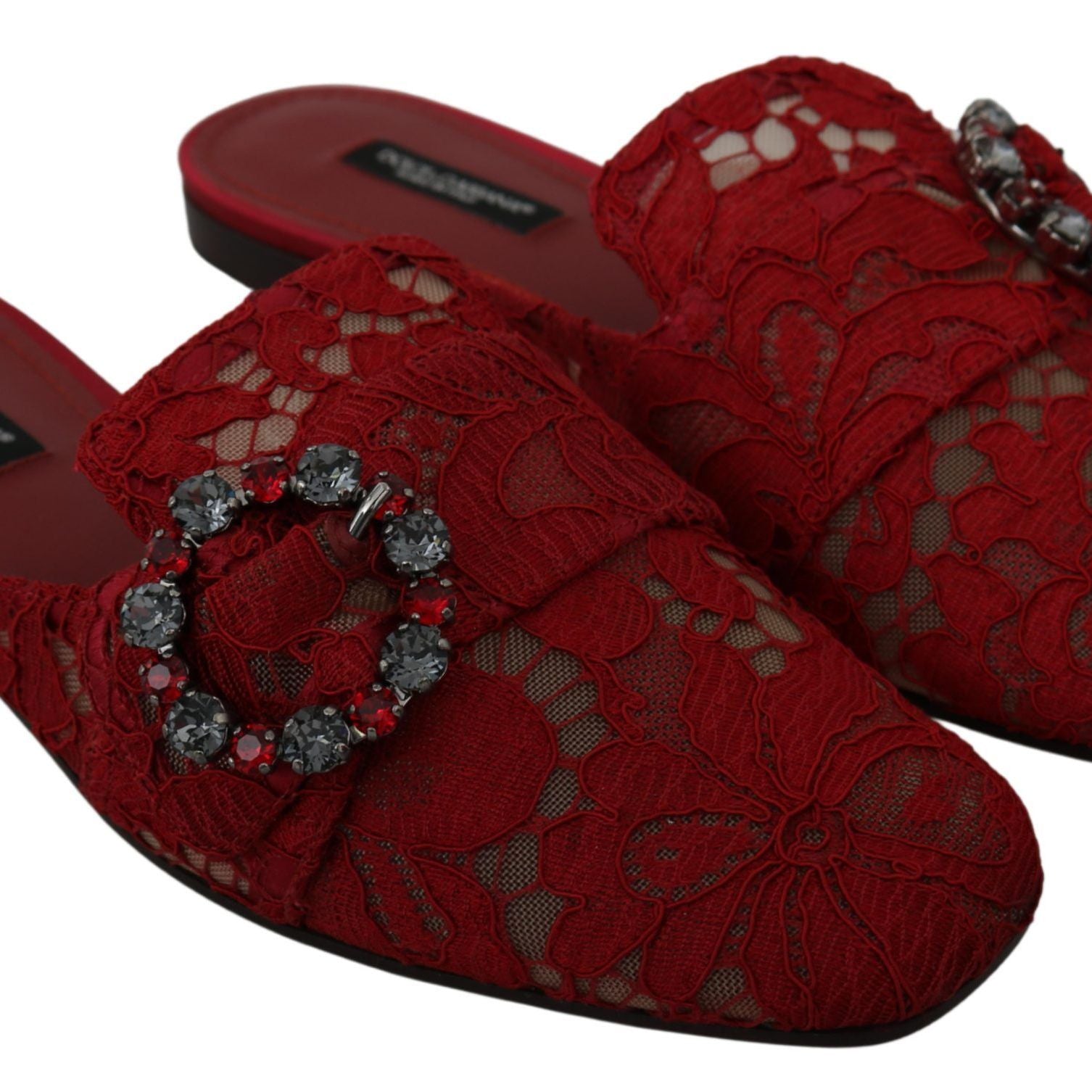 Dolce & Gabbana Red Lace Crystal Slide On Flats Shoes