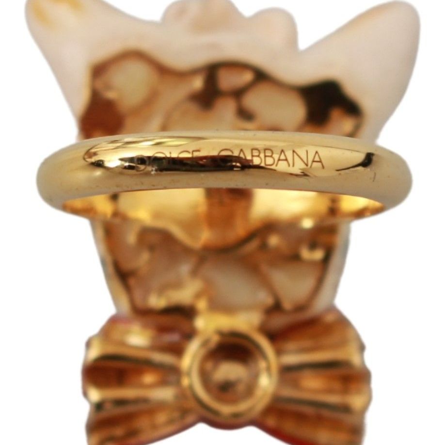 Dolce & Gabbana Gold Brass Resin Beige Dog Pet Branded Accessory Ring