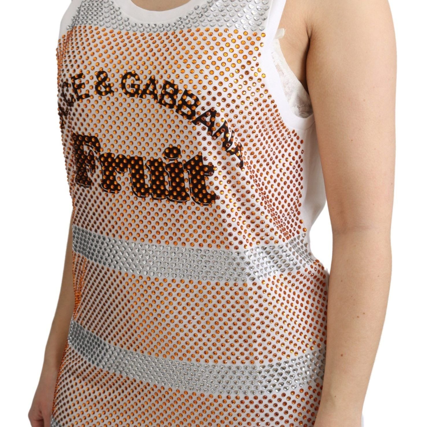 Dolce & Gabbana White Orange Crystal Sleeveless Tank Cotton Top
