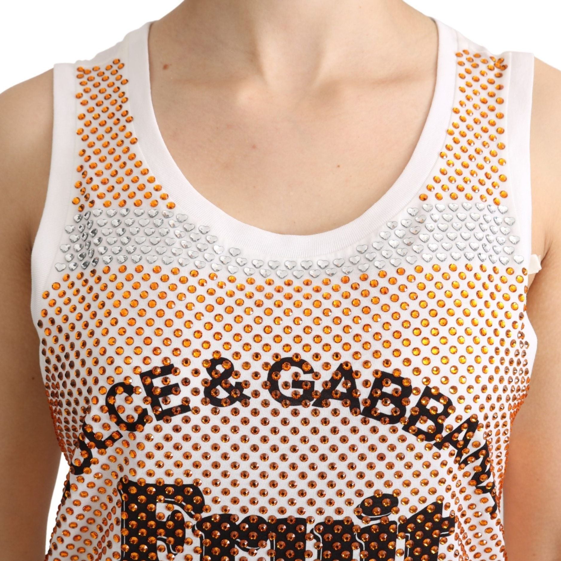 Dolce & Gabbana White Orange Crystal Sleeveless Tank Cotton Top