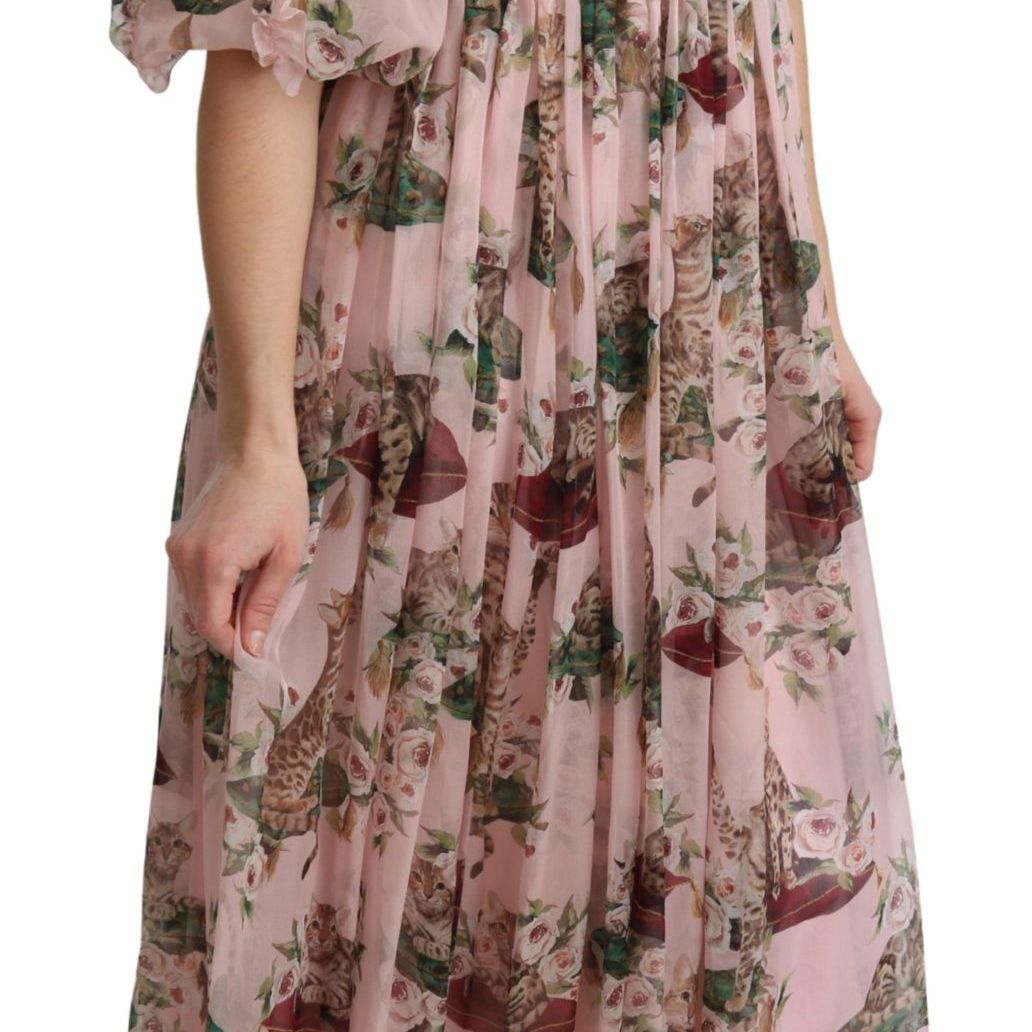 Dolce & Gabbana Pink Bengal Cat Print A-line Maxi Silk Dress