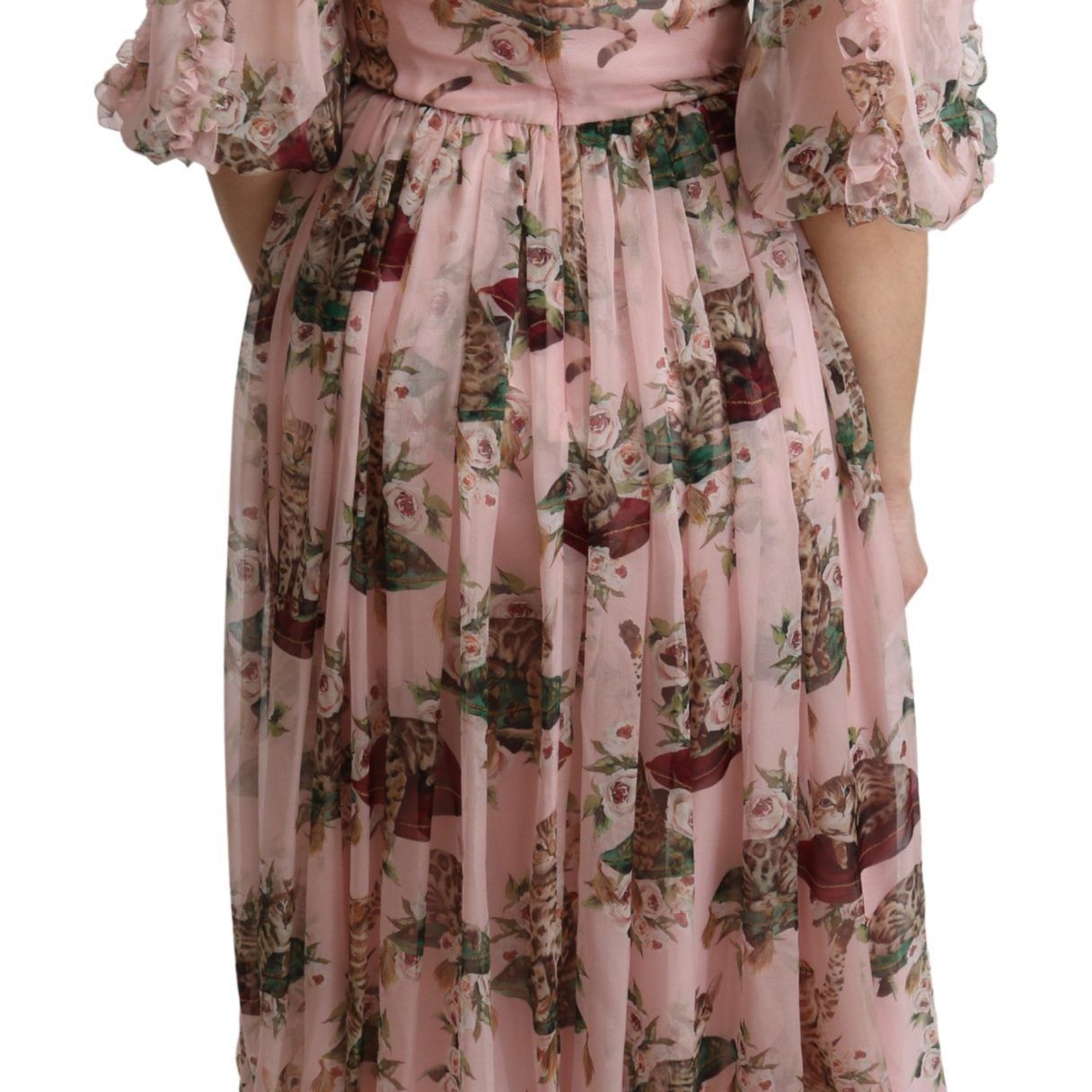 Dolce & Gabbana Pink Bengal Cat Print A-line Maxi Silk Dress