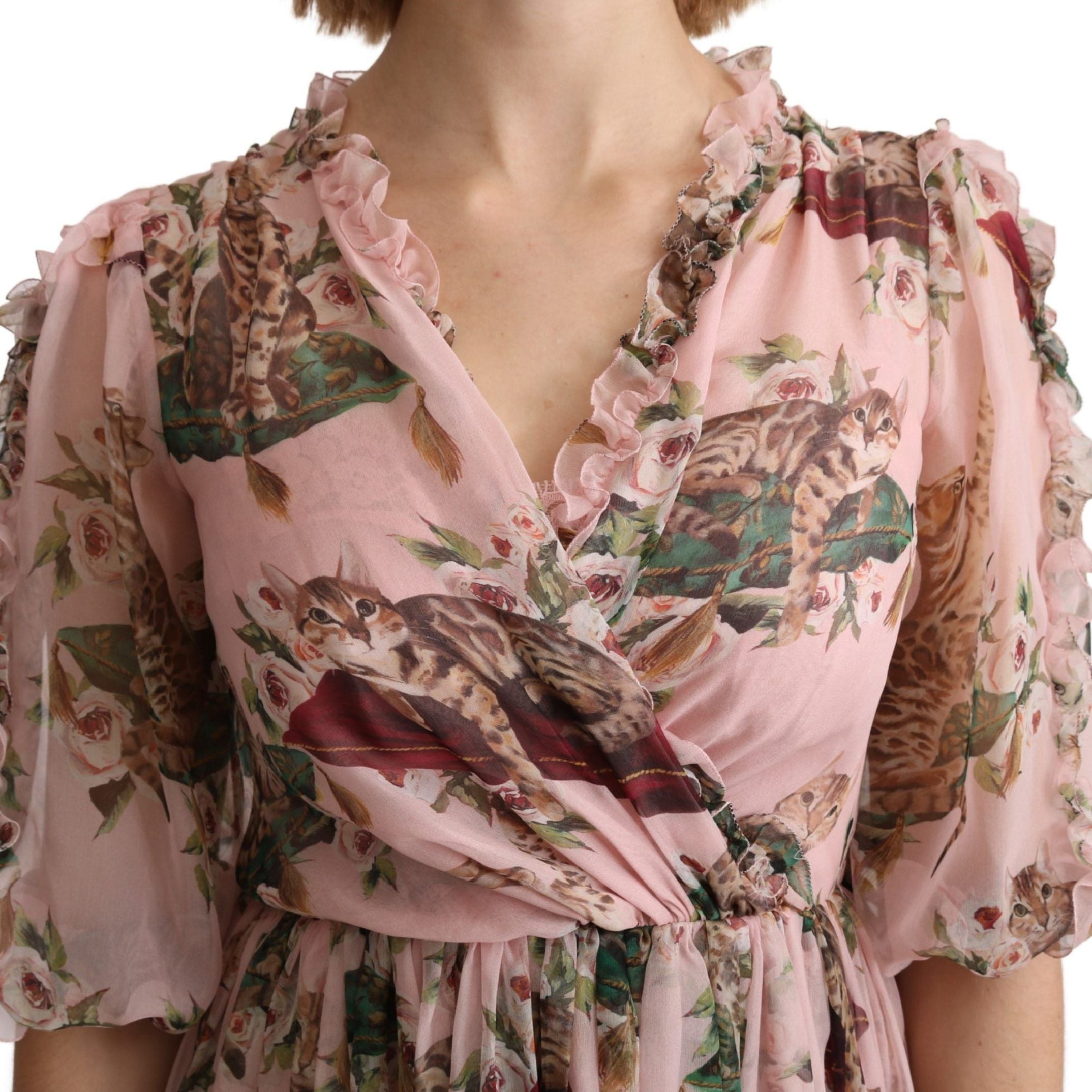Dolce & Gabbana Pink Bengal Cat Print A-line Maxi Silk Dress