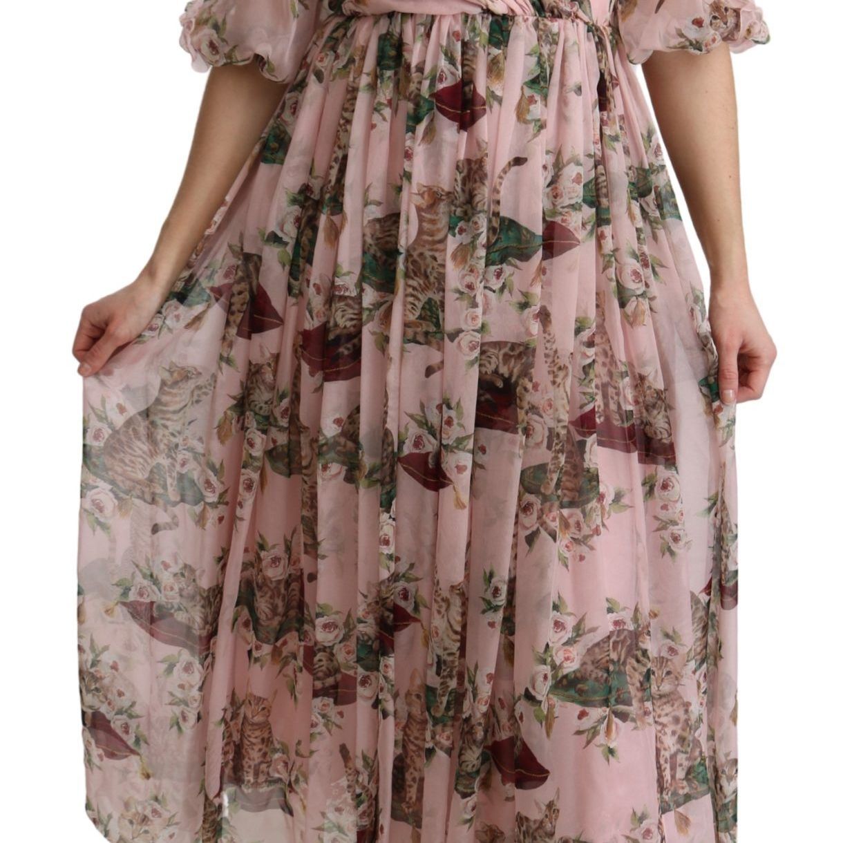 Dolce & Gabbana Pink Bengal Cat Print A-line Maxi Silk Dress