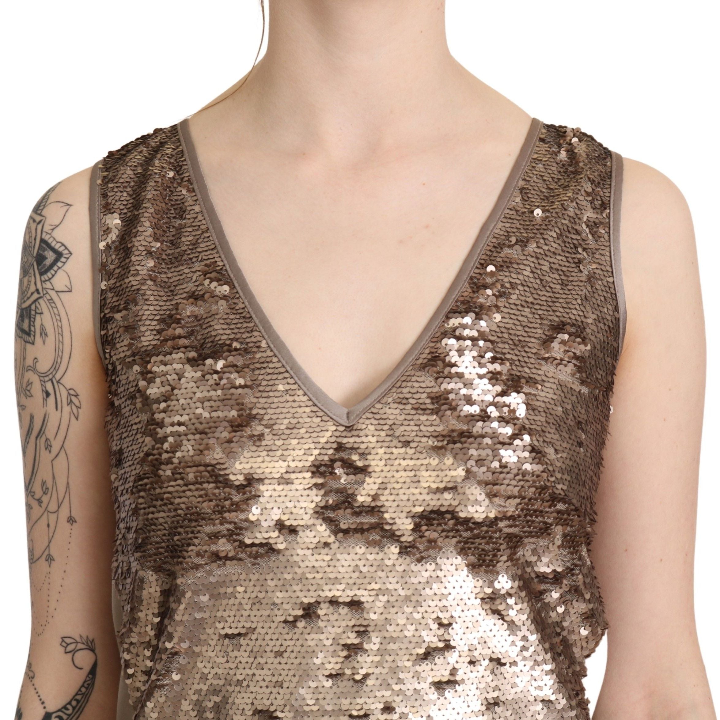 Liu Jo Brown Sequined V-neck Sleeveless Sheath Mini Dress