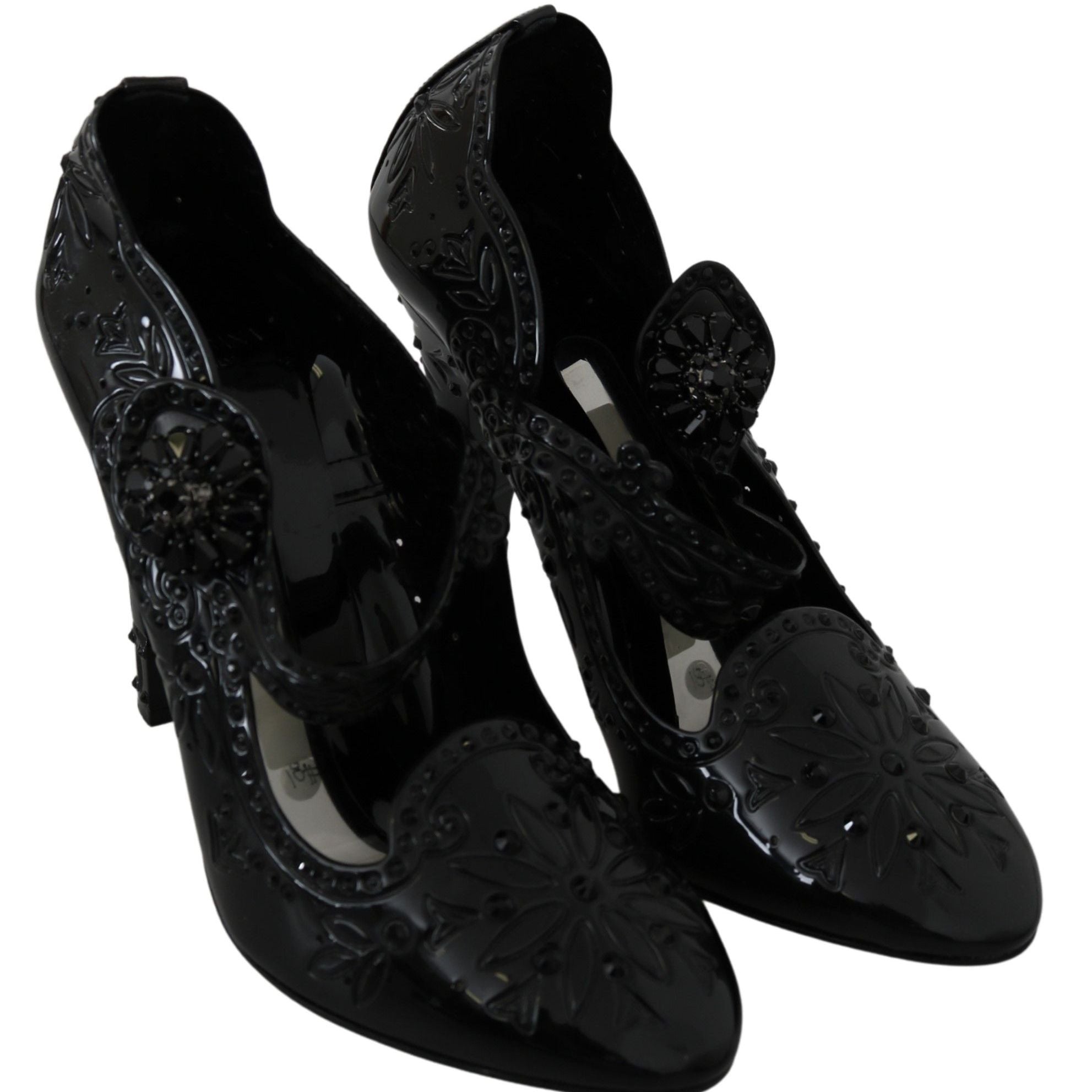 Dolce & Gabbana Black Floral Crystal CINDERELLA Heels Shoes