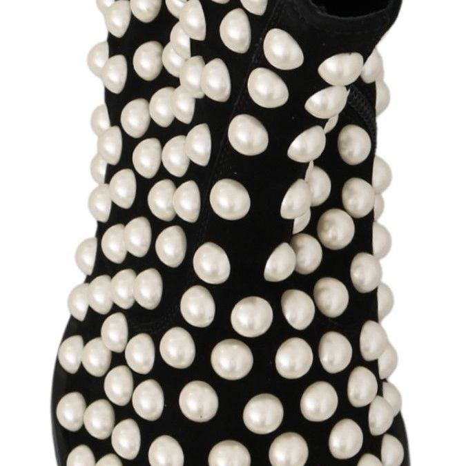 Dolce & Gabbana Black Suede Pearl Studs Boots Shoes