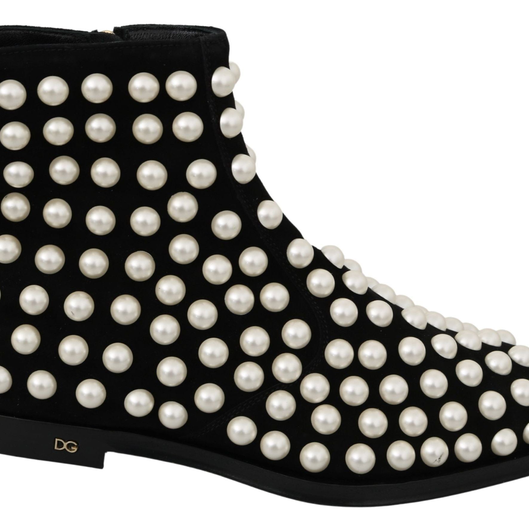 Dolce & Gabbana Black Suede Pearl Studs Boots Shoes