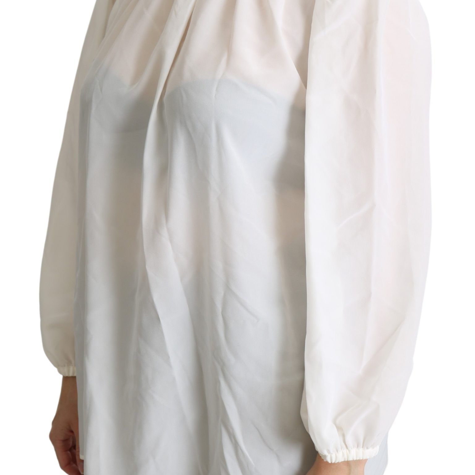 Dolce & Gabbana White Silk Pussy Bow Long Sleeved Top Blouse